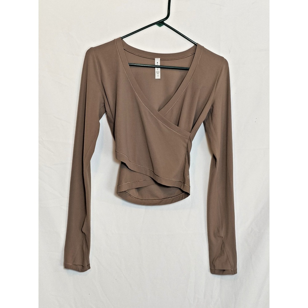 Athleta Faux Wrap Long Sleeve Thumb holes Crop Top Sz XS Taupe yoga atheisure